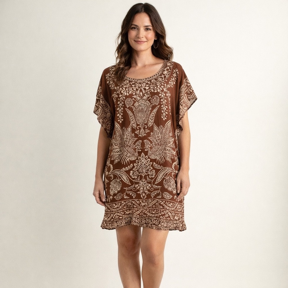 Maeve Anthropologie Silk Mini Dress L Tan Flutter Sleeve Ruffle Hem